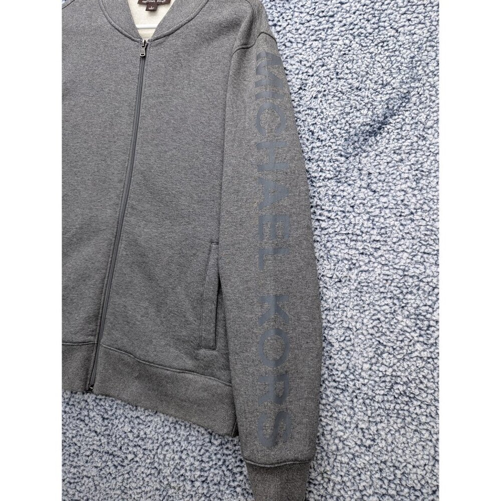 Michael Kors Full Zip Fleece Lined Sweatshirt Mens LG Spellout Logo Jacket Gray